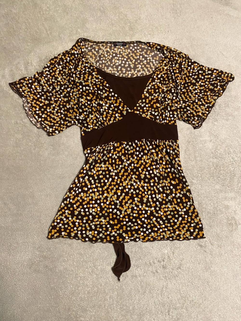 Cocomo Brown Polka Dot Flutter Sleeve Tunic with Yellow & White Spots